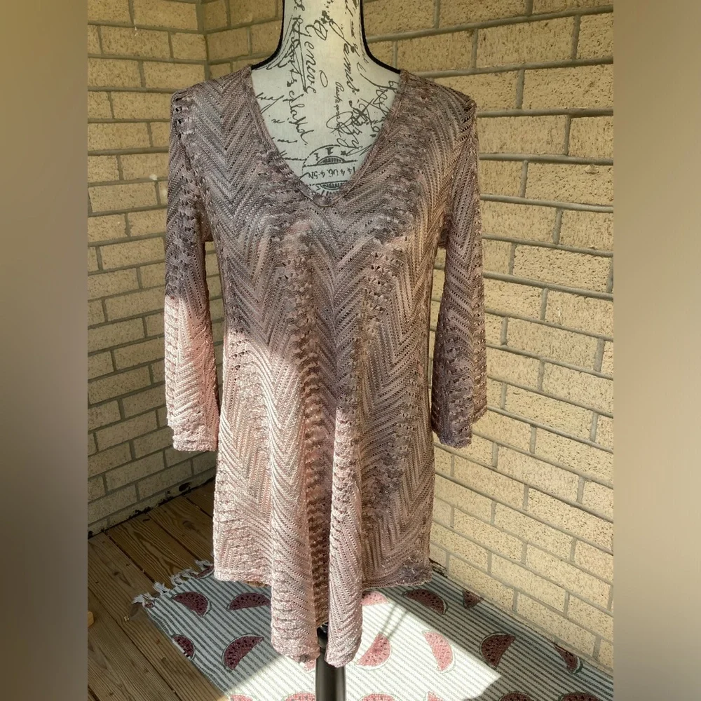 Elif Open Knit V Neck Shiny Metallic Pink Grey Swim Cover Up Tunic Bell Sleeves